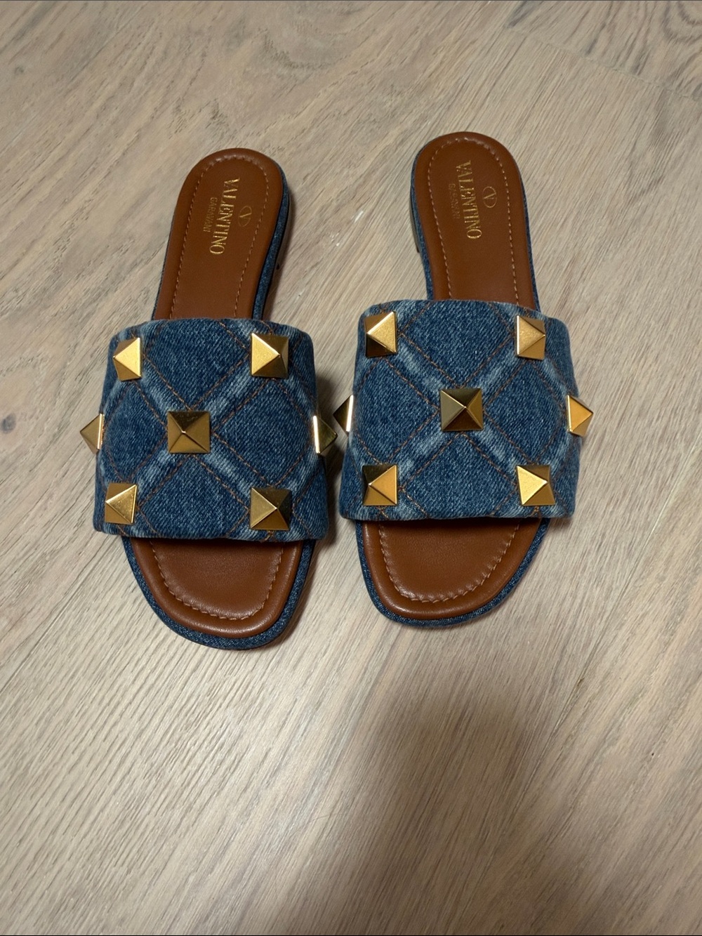 Valentino Garavani Denim Slide Sandals with Gold Studs - Picture 2 of 4